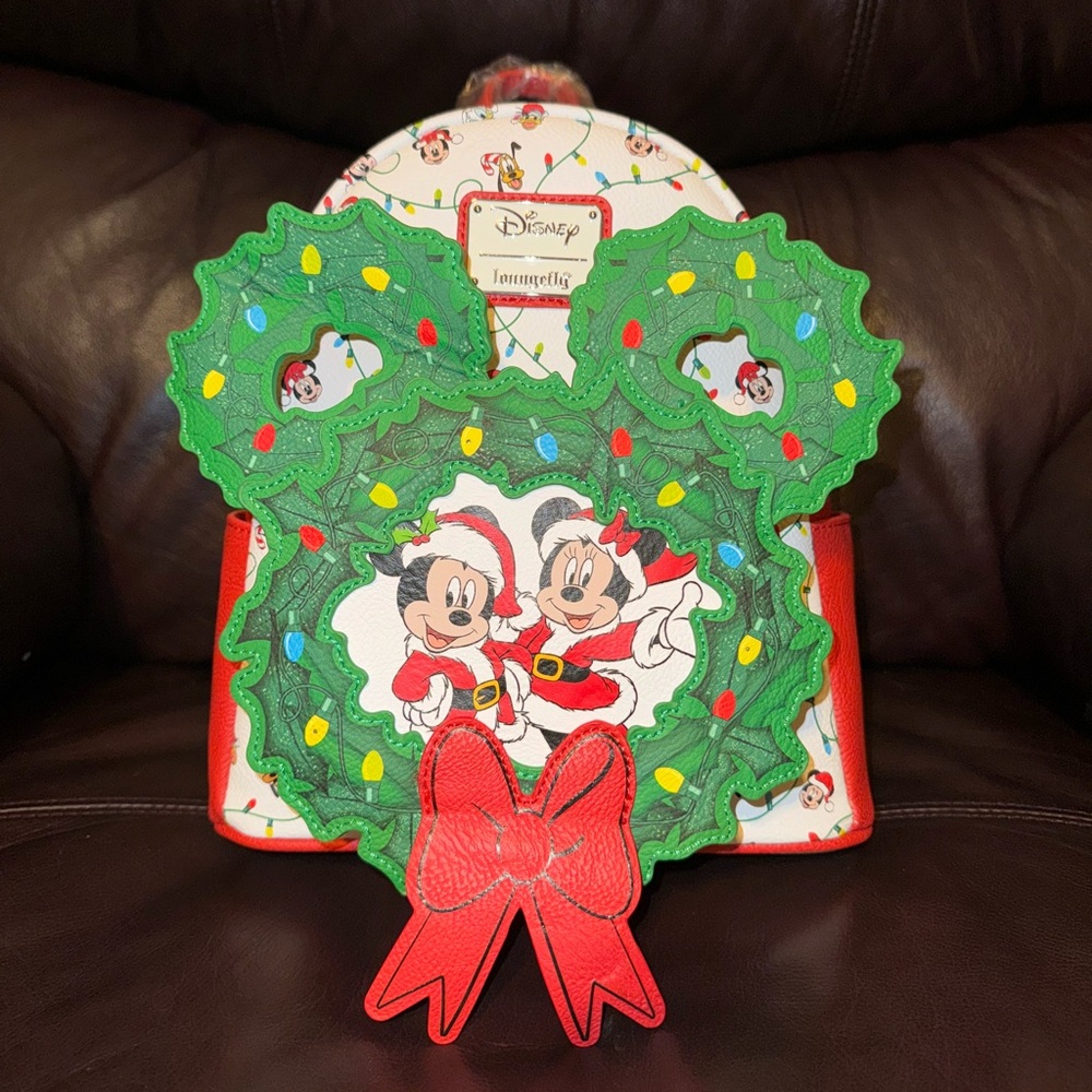 Disney Loungefly Mickey Minnie Christmas Wreath Mini Backpack New Flawed